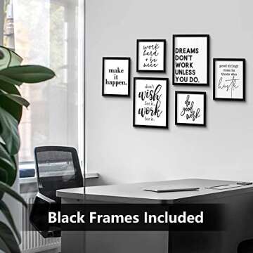 ArtbyHannah 6-Pack Inspirational Office Wall Decor, Gallery Wall Frame Set with Black White Motivational Quote & Saying Prints for Gym or Home Decor, Multi-Size 9.5x12-2pcs, 8x9.5-2pcs, 8x8-2pcs
