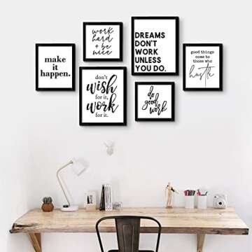 ArtbyHannah 6-Pack Inspirational Office Wall Decor, Gallery Wall Frame Set with Black White Motivational Quote & Saying Prints for Gym or Home Decor, Multi-Size 9.5x12-2pcs, 8x9.5-2pcs, 8x8-2pcs