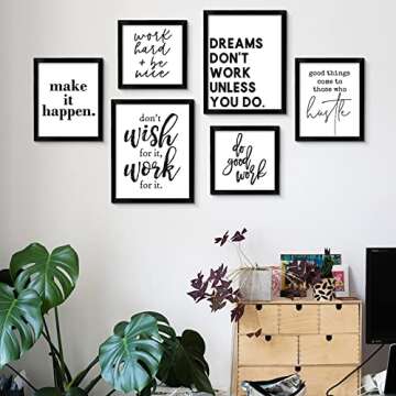 ArtbyHannah 6-Pack Inspirational Office Wall Decor, Gallery Wall Frame Set with Black White Motivational Quote & Saying Prints for Gym or Home Decor, Multi-Size 9.5x12-2pcs, 8x9.5-2pcs, 8x8-2pcs