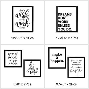 ArtbyHannah 6-Pack Inspirational Office Wall Decor, Gallery Wall Frame Set with Black White Motivational Quote & Saying Prints for Gym or Home Decor, Multi-Size 9.5x12-2pcs, 8x9.5-2pcs, 8x8-2pcs