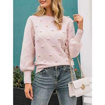 Zandiceno Women's Cute Pompon Lantern Sleeve Knit Sweater