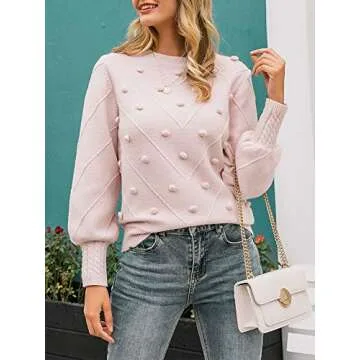 Zandiceno Women's Cute Pompon Lantern Sleeve Knit Sweater