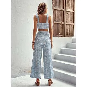 Floerns Women's 2 Piece Sets Summer Boho Floral Crop Tank Cami Tops and Wide Leg Pants Vacation Outf...