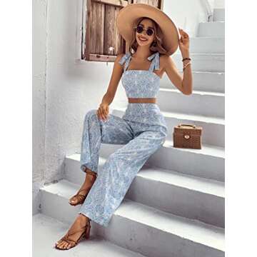Floerns Women's 2 Piece Sets Summer Boho Floral Crop Tank Cami Tops and Wide Leg Pants Vacation Outfits Light Blue