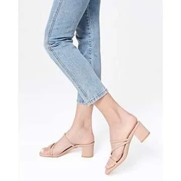 Shoe'N Tale Strappy Heels For Women Low Chunky Block Heel Heeled Sandals Square Open Toe Slip On Slides Mules(7,Nude)