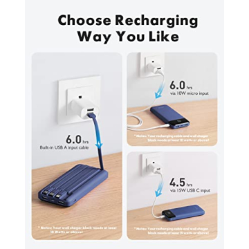 10000mAh Portable Charger with Built-In Cables