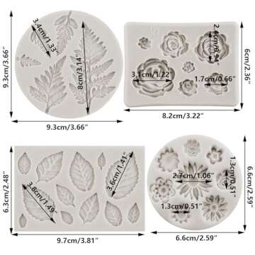 MINFEIDMS Rose Flower Silicone Mold Daisy Flower Fondant Molds Fern Leaves Candy Mold Rose Leaf Molds For Cake Decorating Cupcake Topper Chocolate Gum Paste Polymer Clay Set Of 4