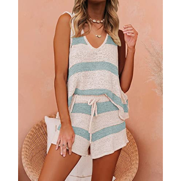 Womens Summer 2 Piece Outfits Sexy Sheer Romper Stripe Jumpsuit Casual Strappy Tie Waisted Beach Shorts Uniform Sets