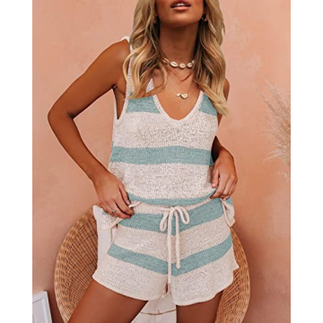 Womens Summer 2 Piece Outfits Sexy Sheer Romper Stripe Jumpsuit Casual Strappy Tie Waisted Beach Shorts Uniform Sets