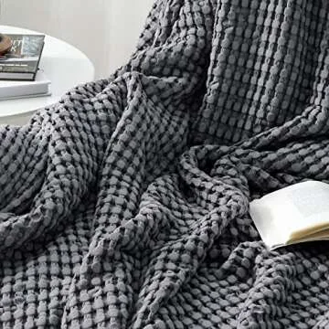 Bedsure Cooling Cotton Waffle King Size Blanket - Lightweight Breathable Blanket of Rayon Derived from Bamboo for Hot Sleepers, Luxury Throws for Bed, Couch and Sofa, Dark Grey, 104x90 Inches
