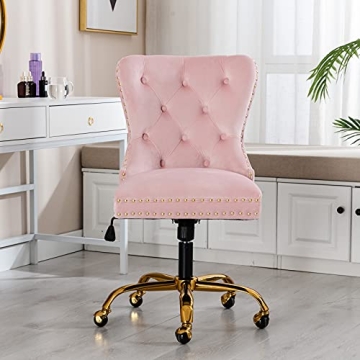 Guyou Upholstered Pink Velvet Office Chair with Gold Base
