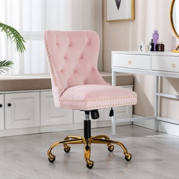 Guyou Upholstered Pink Velvet Office Chair with Gold Base