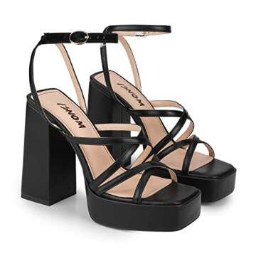 ISNOM Platform Heels for Women - Chic Black Chunky Strappy Sandals