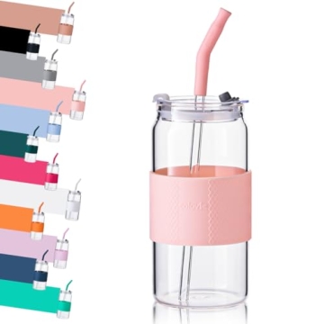 ColoVie Glass Tumbler with 3 IN 1 Lids and Glass Straws(Extra Silicone Tips), Silicone Protective Sleeve, Iced Coffee Cup, Travel Water Bottle, Soda Beer Glass Cups, Hot Tea-Pink 20oz 1pc