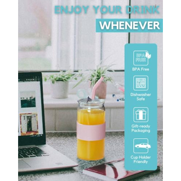 ColoVie Glass Tumbler with 3 IN 1 Lids and Glass Straws(Extra Silicone Tips), Silicone Protective Sleeve, Iced Coffee Cup, Travel Water Bottle, Soda Beer Glass Cups, Hot Tea-Pink 20oz 1pc