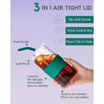 ColoVie Glass Tumbler with 3 IN 1 Lids and Glass Straws(Extra Silicone Tips), Silicone Protective Sleeve, Iced Coffee Cup, Travel Water Bottle, Soda Beer Glass Cups, Hot Tea-Pink 20oz 1pc