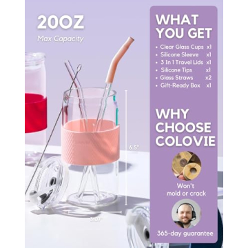 ColoVie Glass Tumbler with 3 IN 1 Lids and Glass Straws(Extra Silicone Tips), Silicone Protective Sleeve, Iced Coffee Cup, Travel Water Bottle, Soda Beer Glass Cups, Hot Tea-Pink 20oz 1pc