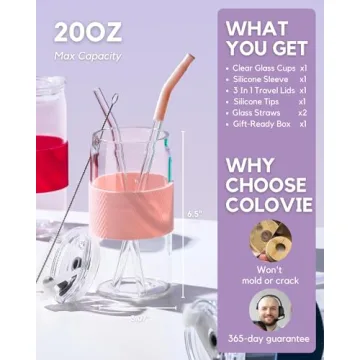 ColoVie Glass Tumbler with 3 IN 1 Lids and Glass Straws(Extra Silicone Tips), Silicone Protective Sleeve, Iced Coffee Cup, Travel Water Bottle, Soda Beer Glass Cups, Hot Tea-Pink 20oz 1pc