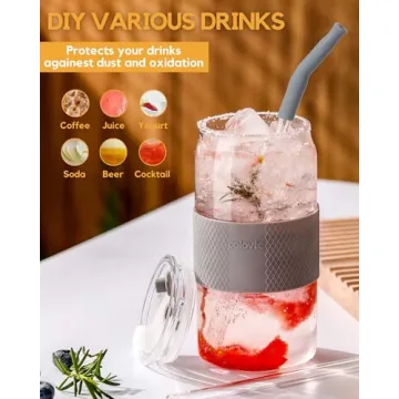 ColoVie Glass Tumbler with 3 IN 1 Lids and Glass Straws(Extra Silicone Tips), Silicone Protective Sleeve, Iced Coffee Cup, Travel Water Bottle, Soda Beer Glass Cups, Hot Tea-Pink 20oz 1pc