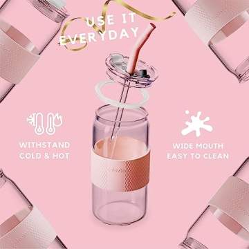 ColoVie Glass Tumbler with 3 IN 1 Lids and Glass Straws(Extra Silicone Tips), Silicone Protective Sleeve, Iced Coffee Cup, Travel Water Bottle, Soda Beer Glass Cups, Hot Tea-Pink 20oz 1pc