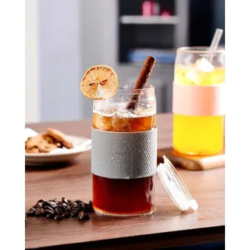 ColoVie Glass Tumbler with 3 IN 1 Lids and Glass Straws(Extra Silicone Tips), Silicone Protective Sleeve, Iced Coffee Cup, Travel Water Bottle, Soda Beer Glass Cups, Hot Tea-Pink 20oz 1pc