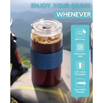 ColoVie Glass Tumbler with 3 IN 1 Lids and Glass Straws(Extra Silicone Tips), Silicone Protective Sleeve, Iced Coffee Cup, Travel Water Bottle, Soda Beer Glass Cups, Hot Tea-Pink 20oz 1pc