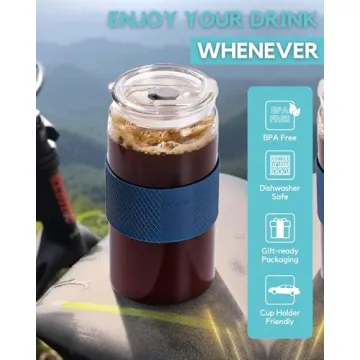 ColoVie Glass Tumbler with 3 IN 1 Lids and Glass Straws(Extra Silicone Tips), Silicone Protective Sleeve, Iced Coffee Cup, Travel Water Bottle, Soda Beer Glass Cups, Hot Tea-Pink 20oz 1pc