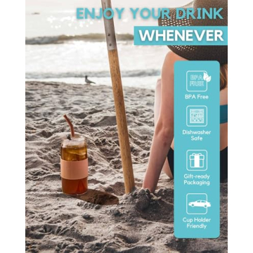 ColoVie Glass Tumbler with 3 IN 1 Lids and Glass Straws(Extra Silicone Tips), Silicone Protective Sleeve, Iced Coffee Cup, Travel Water Bottle, Soda Beer Glass Cups, Hot Tea-Pink 20oz 1pc