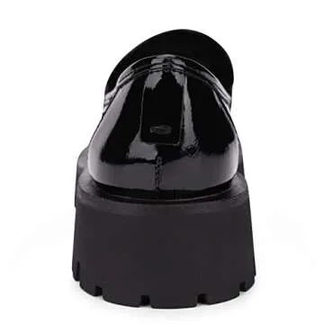 ISOMEI Women's Chunky Heel Loafers Platform Patent Leather Chunky Loafers Leather Shoes with Metal(Black,9)