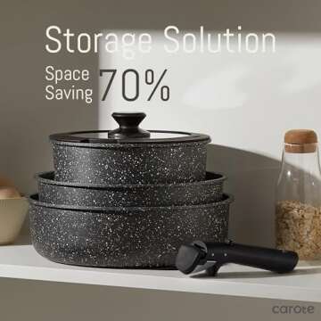 CAROTE 21pcs Pots and Pan Set Non Stick, Nonstick Induction Cookware, Detachable Handle Cookware Set, Dishwasher Safe, Removable Handle, RV Oven Safe Cookware, Midnight Black