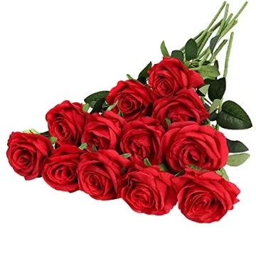 Hawesome 12PCS Artificial Silk Flowers Realistic Roses Bouquet Long Stem for Home Wedding Decoration...