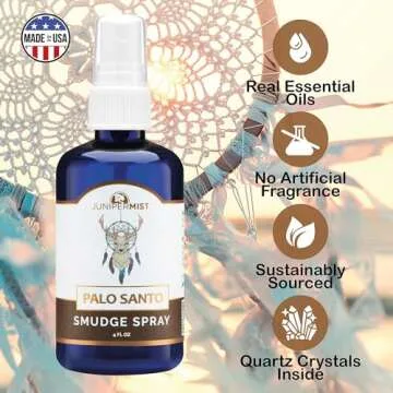 JUNIPERMIST Palo Santo and Sage Smudge Spray (4 Fl Oz) - for Cleansing Negative Energy - Sage Spray Alternative to Smudge Sticks - Sustainably Made in USA with Pure Essential Oils and Real Crystals