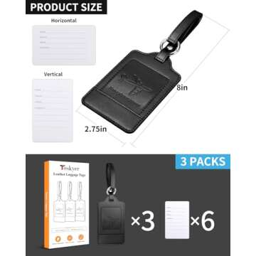 Teskyer Luggage Tags, 3 Pack PU Leather Luggage Tags for Suitcases, Privacy Protection Bag Tags Travel Essentials, Black