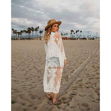 Romanstii Womens Long Lace Duster Kimono Cardigan Crochet Summer Swim Bathing Suits Swimsuit Bikini Beach Dress Cover Ups for Swimwear, White, One Size