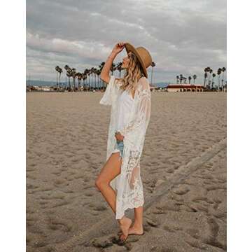 Romanstii Womens Long Lace Duster Kimono Cardigan Crochet Summer Swim Bathing Suits Swimsuit Bikini Beach Dress Cover Ups for Swimwear, White, One Size