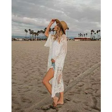 Romanstii Womens Long Lace Duster Kimono Cardigan Crochet Summer Swim Bathing Suits Swimsuit Bikini Beach Dress Cover Ups for Swimwear, White, One Size