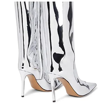 Arqa Women's Metallic Knee High Boots Stiletto High Heels Wide Calf Boot with Zipper Pointed Toe Dressy Booties Chrome Silver Size 8.5