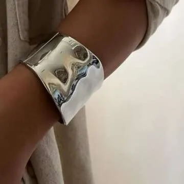 RINTOLER Chunky Gold Cuff Bangle Bracelets for Women - Gold Polished Trendy Twisted Hinged Cuff Open Wide Waterdrop Bangle Chunky Gold Bracelet Minimalist Bangle Jewelry Gift (B Wide - SILVER)