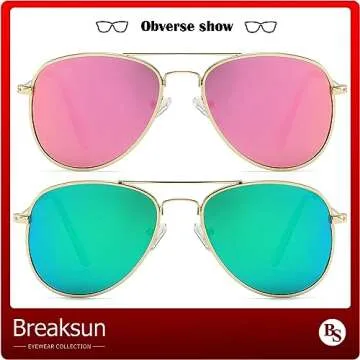 Breaksun Kids Polarized Aviator Sunglasses for Girls Boys Age 3-10, Teens Juniors Classic Aviator Sunglasses 50MM (Gold/Purple Pink Mirror+ Gold/Green Mirror)