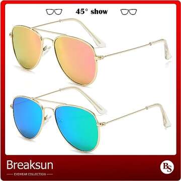 Breaksun Kids Polarized Aviator Sunglasses for Girls Boys Age 3-10, Teens Juniors Classic Aviator Sunglasses 50MM (Gold/Purple Pink Mirror+ Gold/Green Mirror)