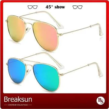 Breaksun Kids Polarized Aviator Sunglasses for Girls Boys Age 3-10, Teens Juniors Classic Aviator Sunglasses 50MM (Gold/Purple Pink Mirror+ Gold/Green Mirror)
