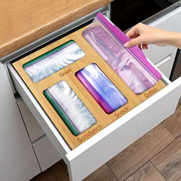 buways Food Storage Bag Organizer, Bamboo Sandwich Bag Organizer, Kitchen Drawer Organizer for Ziplock Bag,Compatible with Ziploc, Glad, Hefty, Solimo, for Gallon, Quart, Sandwich & Variety Size Bags