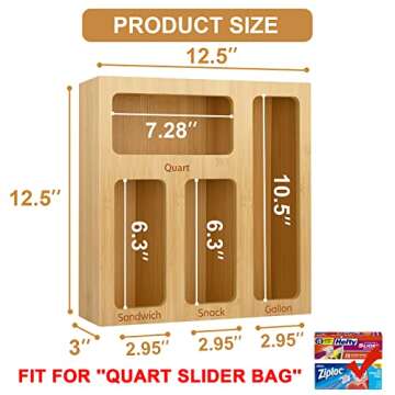 buways Food Storage Bag Organizer, Bamboo Sandwich Bag Organizer, Kitchen Drawer Organizer for Ziplock Bag,Compatible with Ziploc, Glad, Hefty, Solimo, for Gallon, Quart, Sandwich & Variety Size Bags