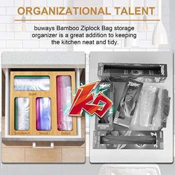 buways Food Storage Bag Organizer, Bamboo Sandwich Bag Organizer, Kitchen Drawer Organizer for Ziplock Bag,Compatible with Ziploc, Glad, Hefty, Solimo, for Gallon, Quart, Sandwich & Variety Size Bags
