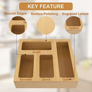 buways Food Storage Bag Organizer, Bamboo Sandwich Bag Organizer, Kitchen Drawer Organizer for Ziplock Bag,Compatible with Ziploc, Glad, Hefty, Solimo, for Gallon, Quart, Sandwich & Variety Size Bags