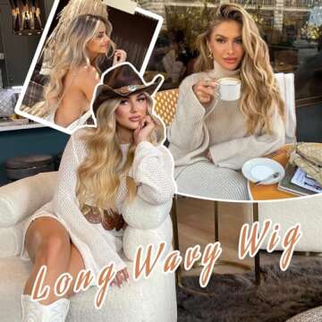 AISI HAIR Blonde Wig for Women, Long Wavy Lace Hairline Blond Synthetic Middle Part Ombre Blonde Wigs for Daily Party-26 Inch