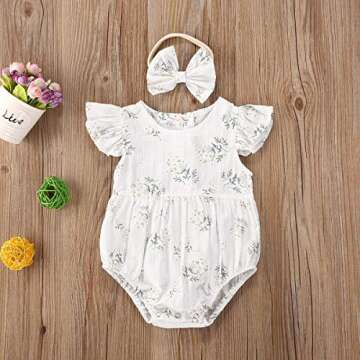 Newborn Baby Girl Romper Floral Ruffle Sleeveless Jumpsuit Cotton Bodysuit with Headband Summer Clot...
