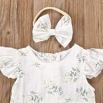 Newborn Baby Girl Romper Floral Ruffle Sleeveless Jumpsuit Cotton Bodysuit with Headband Summer Clothes Outfit (A-White, 12-18m)