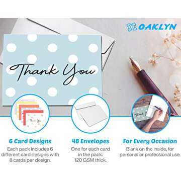 Oaklyn 48 Pack Thank You Cards with Envelopes 4"x 5.25" for Weddings, Baby Shower, Birthday Parties,...