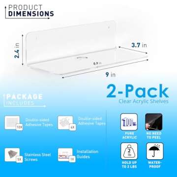 OAPRIRE Clear Acrylic Floating Shelves Set of 2 with Cable Clips - Easily Expand Wall Space - Small Wall Shelf with Strong Adhesive for Bathroom, Bedroom, etc
